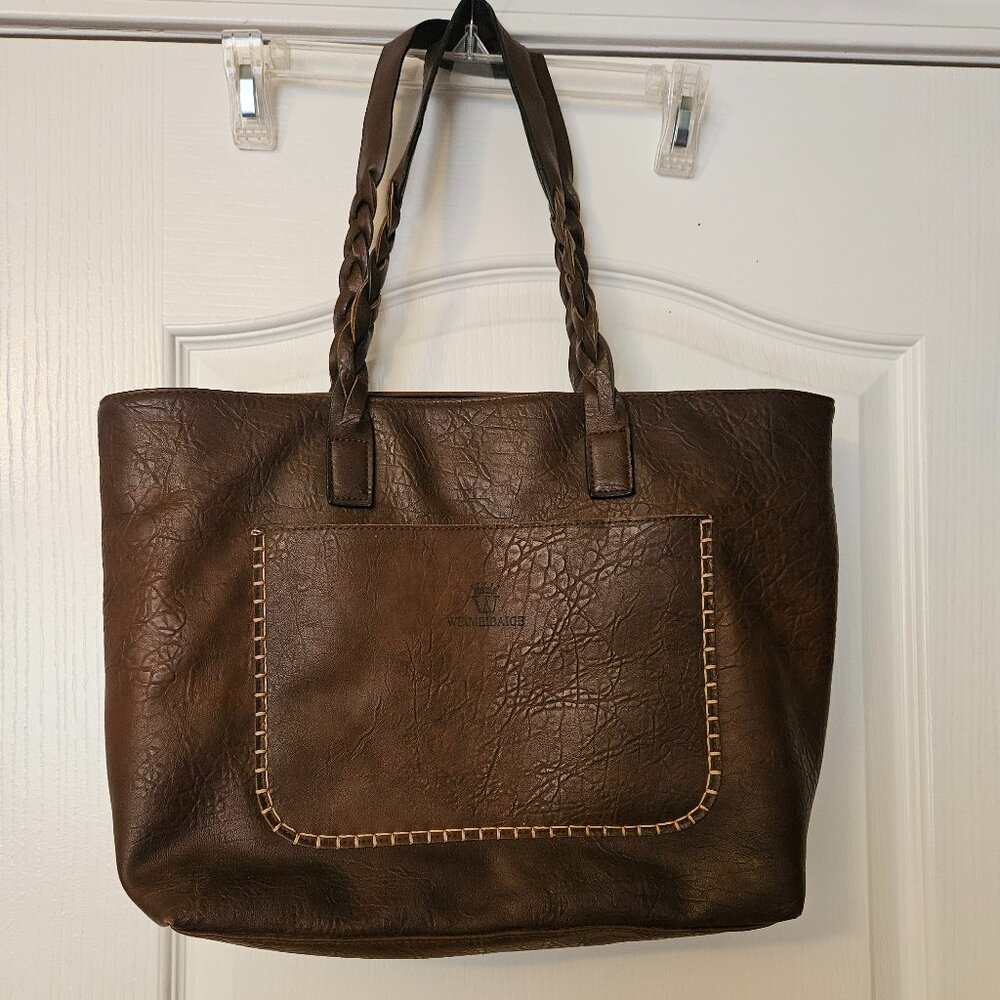 Weimeibaige Brown Faux Leather Large Tote Bag Handbag Braided Handles